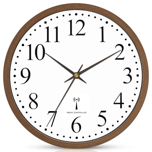 Funk Wanduhr, Funkuhr Wand Lautlos Wohnzimmeruhr Funkwanduhr Geräuschlos 25cm küchenuhren Modern Wanduhren Deko für Küche Wohnzimmer Büro(Braun)