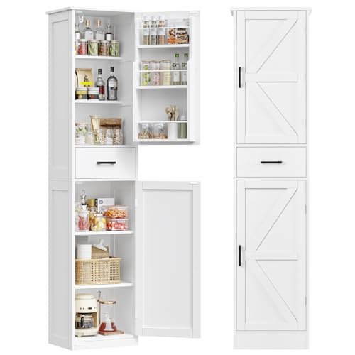 TEENFON Küchenschrank Hochschrank, schmaler Mehrzweckschrank mit verstellbaren Einlegeböden, Vorratsschrank & Buffetschrank (2 Türen, 1 Schublade, 1 Türfach), für Küche, Wohnzimmer, Esszimmer, weiß