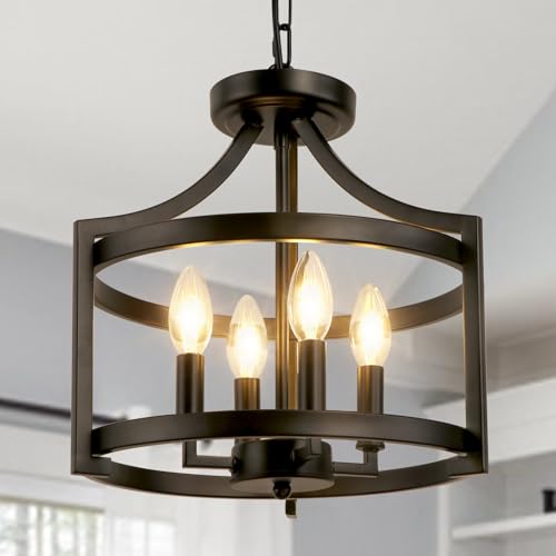 KMaiPem Kronleuchter Modern Schwarz Umwandelbare Landhaus Deckenlampe Wohnzimmer, 4 Lichter Rustikal Vintage Hängelampe Schlafzimmer, Höhenverstellbare Bauernhaus Pendelleuchte Deckenleuchte Flur