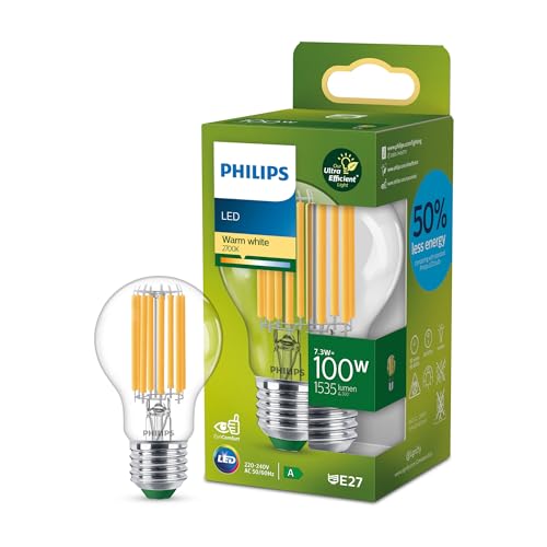 Philips LED Classic ultraeffiziente E27 Lampe (100 W), LED Lampe mit warmweißem Licht, energiesparende Lampe mit langer Nutzlebensdauer, Energieeffizienzklasse A, Klar