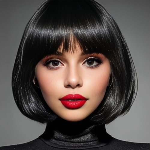 Luxiremi Bob Perücken für Frauen 12 Zoll Synthetik Kurze Glatte Schwarz Perücke mit Pony Rollenspiel Karneval Tragen
