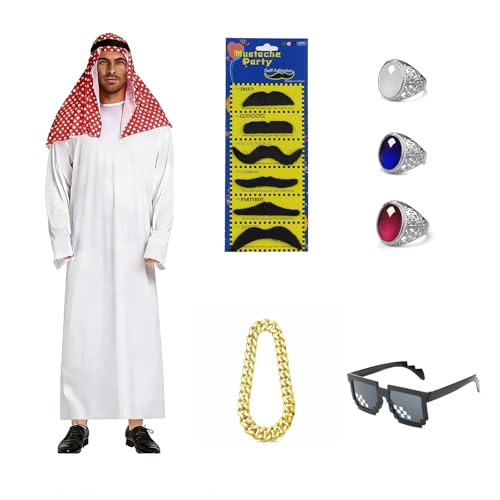 TOPRUNYI Scheich Kostüm Herren,Araber Scheich Kostüm,8 Stück Faschingskostüm Herren mit Kopftuch, Gewand, Bart,Finger Ring, Halsketten,Sonnenbrillen Disfraz Jeque Arabe Hombre für Karneval, Cosplay
