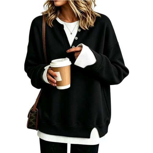 Pullover Damen Langarmshirt Mit Knöpfen Zweiteiliger Look Sweatshirt