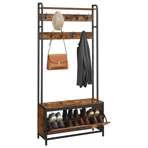 VASAGLE Garderobenständer mit Schuhschrank, Garderobe mit Sitzbank, Kleiderständer, Schuhkipper, 9 Haken, obere Ablage, für Flur, Schlafzimmer, Industrie-Design, vintagebraun-schwarz HSR405B01