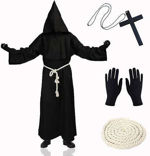 XCMVCN Mönch Robe Mittelalter Renaissance Robe, Herren Kapuze Mönch Robe Priester Kostüm, mit Kreuz-Halskette, Handschuhe und Kordel,Halloween, Karneval und Rollenspiel Kostüme(Schwarz,XXL)