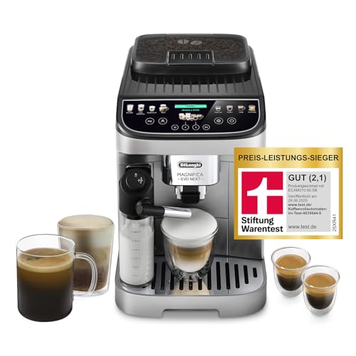 De’Longhi Magnifica Evo Next - Perfetto Kaffeevollautomat mit LatteCrema-Milchaufschäumer, 13 One-Touch-Getränke, Coffee- und Cappuccino Kaffeemaschine, farbiges Touch-Display, Silber (ECAM312.80.SB)