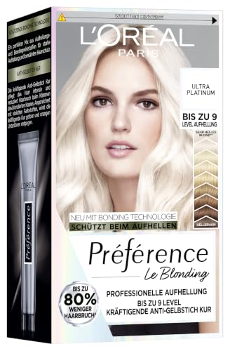 L'Oréal Paris Extrem Aufheller für platin-blondes Haar, Mit Anti-Gelbstich und Anti-Haarbruch Technologie, Permanente Haarfarbe, Préférence Le Blonding, 9L Helles Platinblond, Multipack