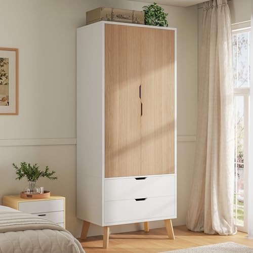 LUXOAK Kleiderschrank mit 2 Schubladen, Weiß & Holzoptik, 198x76x50 cm, Moderner schlafzimmerschrank mit Kleiderstange & Stauraum, für Schlafzimmer & Büro geeignet