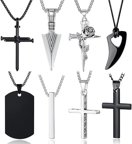 XIANNVXI 8 Stück Kette Herren Set Ketten für Herren Halskette Kreuz Kette Männer Schwarz Silber Edelstahl Kette Valentinstag Papa Geschenke für Männer Halskette Cool Ketten Männer Schmuck
