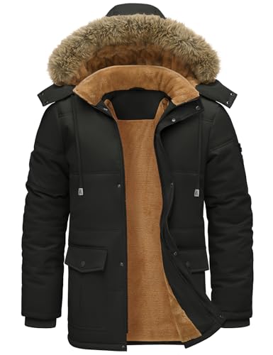 TOMEEK Winterjacke Herren Winter Parka Warm Fleecejacke Winddicht Outdoorjacke Mantel Lang Gefüttert Steppjacke mit Abnehmbar Kapuze und Taschen Winterparka(Schwarz,M)