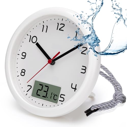 VIVILINEN Badezimmeruhr mit Temperaturanzeige Wanduhr ohne Tickgeräusche Küchenuhr mit Hängeband & Standfuß Feuchtigkeitsgeschützt 17cm