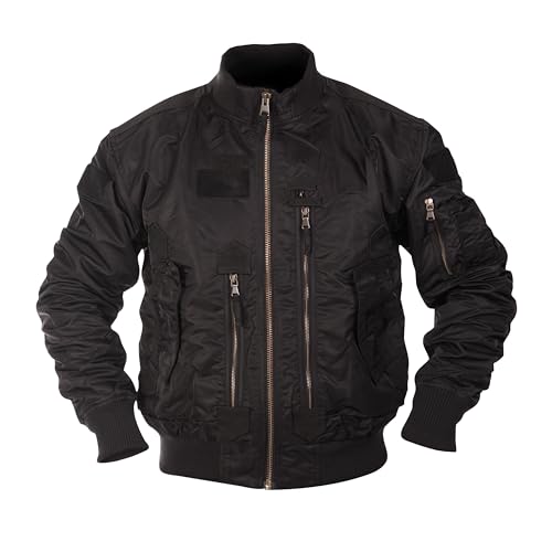Mil-Tec US Tactical Fliegerjacke Herren • Taktische Bomberjacke mit Stehkragen • Winddichte Übergangsjacke für Frühling & Herbst • Robuste Pilotenjacke mit vielen Taschen & Patchflächen • Schwarz, L