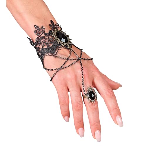 W WIDMANN MILANO Party Fashion - Armband aus Spitze mit Ring und Edelstein, Gothic, Accessoire Halloween Kostüm
