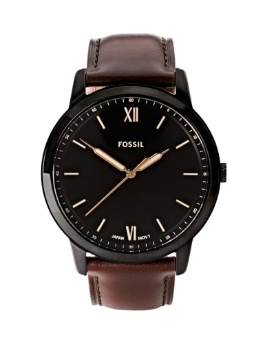 Fossil Minimalist uhr für Herren, Quarzwerk mit Edelstahl- oder Lederarmband, Dunkelbraun, 44MM