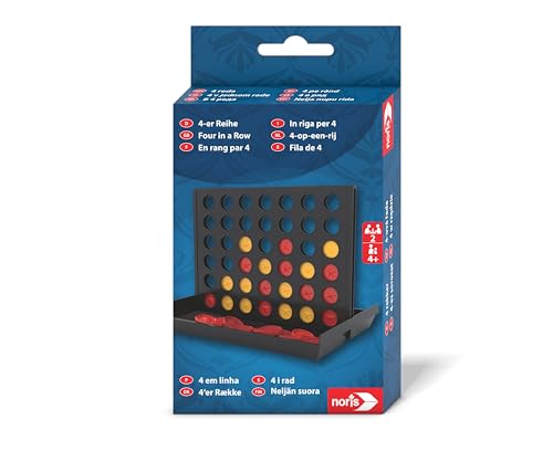 Noris 606102061 Spieleklassiker - 4-er Reihe - der beliebte Klassiker im Reiseformat, Für 2 Spieler ab 4 Jahren, Blau und Gelb