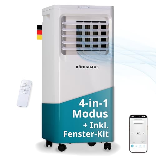 Könighaus Smarte Mobile Klimaanlage | Schnell & Effizient (A) | 4-in-1: Kühlung + Entfeuchter + Ventilator + Luftreiniger | Steuerung per Fernbedienung & Alexa | 7000 BTU Klimagerät (2,1 kW)
