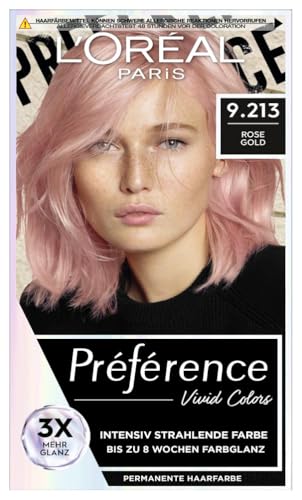 L'Oréal Paris Intensive dauerhafte Haarfarbe, Bis zu 8 Wochen glänzendes Haar und intensive Farbe, Préférence Vivid Colors, Farbe: 9.213 ROSE GOLD, 1 Stück