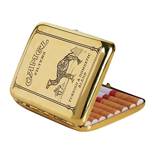 RWXCOW Zigarettenetui 16 Zigaretten Retro Kupfer Kamel-Motiv zigarettenbox Vintage Tragbare Metall Zigarettenhülle Zigarettenkasten Zigarettencase Zigarettenschachtel 9,5x7cm Camel, Gelb