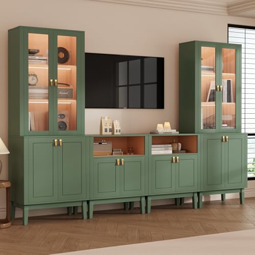 VOWNER TV-Schrank mit LED, 240cm B Wohnwand für TV bis 50 Zoll, TV Board Set mit Glastüren & Bücherregalen, Fernsehschrank Auch Als Küchenschrank Nutzbar, 240 x 180 x 40 cm (Grün, 4PCS)