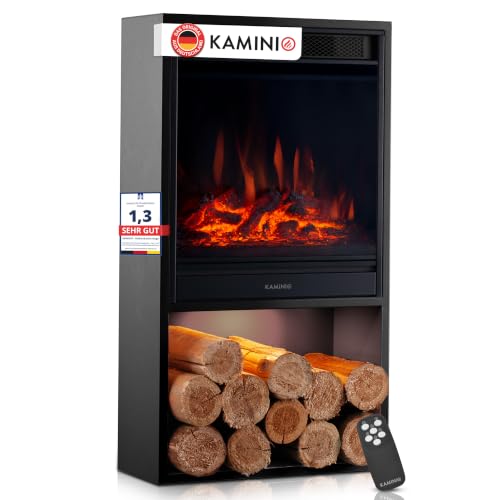 KAMINIO Elektrokamin Hugo - Elektrischer Kaminofen mit Heizung, 3D-Flammeneffekt, LED-Ambientelicht, Holzfach, Fernbedienung (Schwarz)