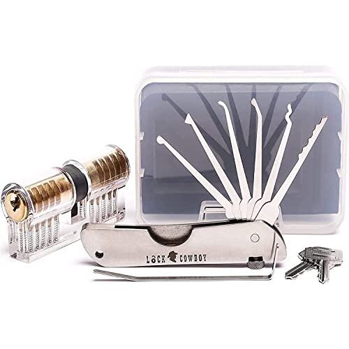 7 teiliges Lockpicking Set Profi mit Transparentem Vorhängeschloss | Dietrich Set mit übungsschloss im Kreditkartenformat & Anleitung für Anfänger und Profis LockCowboy