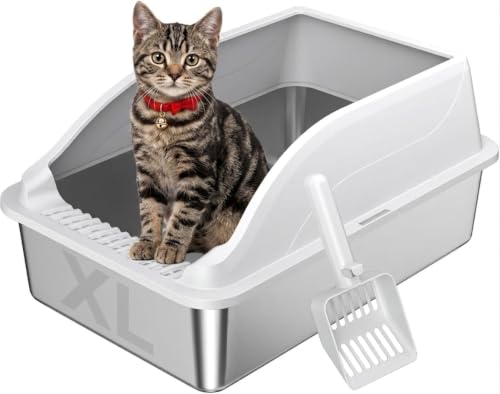 KISENG Edelstahl Katzentoilette XL, Schrägwand, Kratzfest, geruchsfrei