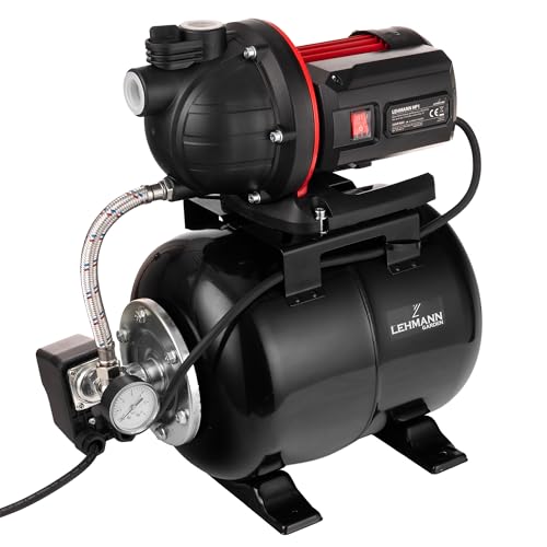 LEHMANN Hauswasserwerk HP1, 800 W, 5200 l/h, 19 L Edelstahldruckkessel, 43 m Förderhöhe, wartungsfreier Motor, selbstansaugend, Trockenlaufschutz, Überhitzungsschutz, Filter & Manometer, Schwarz