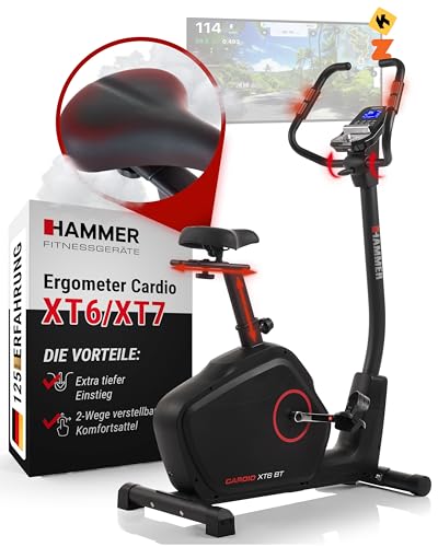 HAMMER 4862 Ergometer Cardio XT6 BT, leises Fitnessfahrrad mit tiefem Einstieg und Comfort-Sattel, 13 kg Schwungmassensystem, Bluetooth & App-Steuerung, 130 kg Benutzergewicht, 93 x 51 x 150 cm