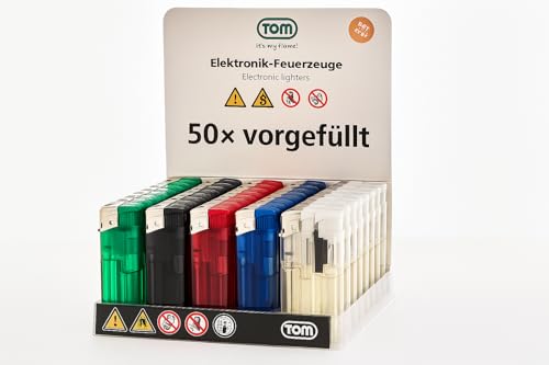 TOM 50 Elektro-Feuerzeuge mit Gas befüllt – nachfüllbar – 50 Stück im Set – 5 Farben in praktischem Display – Gasfeuerzeug – Elektronik Feuerzeug - Feuerzeuge