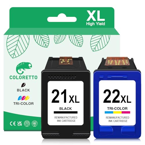 COLORETTO Ersatz-Tintenpatrone(1 Schwarz,1 Farbe) für Wiederaufbereitete Druckerpatronen für HP 21XL 22XL 21 22 XL zur Verwendung mit Officejet 4315 PSC 1410 Deskjet 3940 D1530 F2280 D2360 D2460