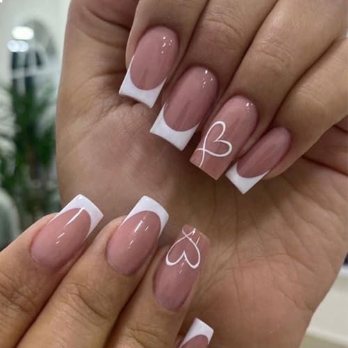 GlamRays 24 Stück French Tip Press-On Nägel - Mittel, Herz Weiß, Französischer Stil, Lang, Square Form, Acryl