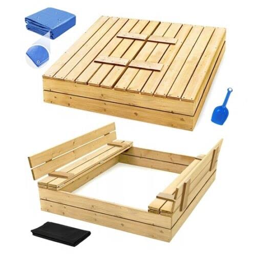 Sandkasten mit Deckel 120x120 aus Holz Sandbox Sandkiste mit Sitzbänken Spielzeug Garten Spielzeug