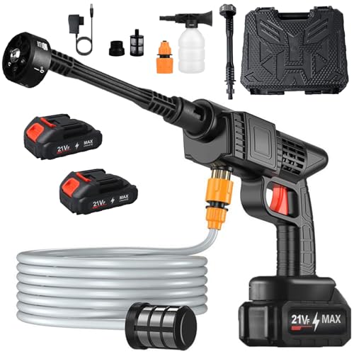 JIMACRO 21V Kabelloser Hochdruckreiniger mit Akku, 6-in-1 Verstellbare Düse Tragbarer Akku Hochdruckreiniger mit 5M Schlauch MobilerHochdruckreiniger für Waschen und Bewässerung