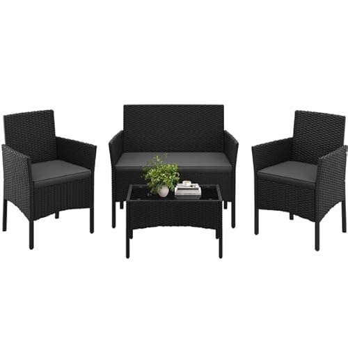 Yaheetech Rattan Gartenmöbel-Set, 4-teilig, Outdoor Lounge Möbel, Tisch, 2 Stühle, 2-Sitzer-Bank, mit Outdoor Kissen wetterfest, Terrassenmöbel, für Terrasse (Schwarz (Rattan) & Grau (Kissen))