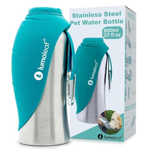 LumoLeaf Hundetrinkflasche für unterwegs, 800ml Edelstahl Trinkflasche Hund, Tragbare Haustier Wasserflasche, Hunde Wasserspender Reise Zubehör für Wandern und Campen (Blau)