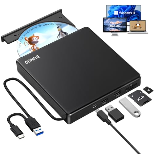 BUNUD Externes DVD Laufwerk für Windows 11: CD Laufwerk Extern USB DVD Laufwerk Externer CD/DVD Brenner und Player mit SD/TF & 2 USB Ports Externes Laufwerk für Laptop Mac MacBook PC