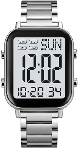 findtime Digital Uhren Herren Digitaluhr Große Ziffern Senioren Business Digitale Armbanduhr Männer Metallarmband Luxus Uhr LED Dualzeit Datum 12/24H Stoppuhr