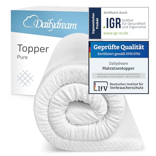 Dailydream Matratzen Topper 140x200cm | Memory Foam | 5cm hoch | Edition Pure, Model M | Zertifiziert & ergonomisch für unbequeme Matratze, Boxspringbett & Gästebett | Mattress Topper 140x200