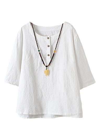 Vogstyle Damen Baumwoll Leinen Tunika T-Shirt Jacquard Oberseiten, Weiß, XXL