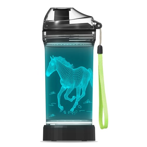 OkiyiD Pferdegeschenke für Mädchen, Kindertrinkflasche, Sportbecher mit Pferd, 3D leuchtendes LED-Licht, 400 ml, Tritan, BPA-frei, für Camping und Urlaub