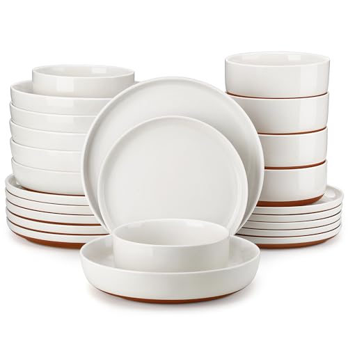 MALACASA 24-tlg Tafelservice 6 Personen, Steingut Geschirrset mit reaktiver Glasur für Warme Töne mit 6 Speiseteller, Dessertteller, Suppenteller & Müslischalen, TARA in Weiß mit Braunen Unterseite
