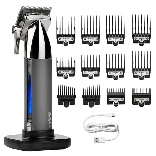 BaByliss Super-X Metal Kabelloser Haarschneider – Japanische Stahlklingen, 10 Aufsteckkämme, 2 Kammführungen, Lithium-Akku, digitales Display, Metallgehäuse, Schwarz, E996E