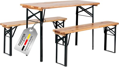 Stagecaptain BB-117 NT Hirschgarten Bierzeltgarnitur für Balkon - kurze Version 117 cm Länge - Klappbare Festzeltgarnitur 1x Tisch 2x Bank - Sitzgarnitur aus Holz - Für Innen- und Außenbereich - Natur
