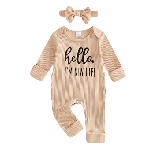 Geagodelia Baby Mädchen Strampler + Stirnband Neugeborene Kleidung Outfit Overall Babykleidung Weiche Babystrampler (Hello I'm New Here - Aprikose, 0-3 Monate)