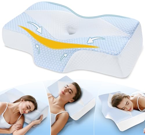 Kopfkissen gegen Nackenschmerzen & Schulterschmerzen – Orthopädisches Nackenkissen aus Memory Foam mit 2 Höhen, ergonomisches Kopfkissen mit kühlendem, waschbarem Bezug für Seiten- & Rückenschläfer