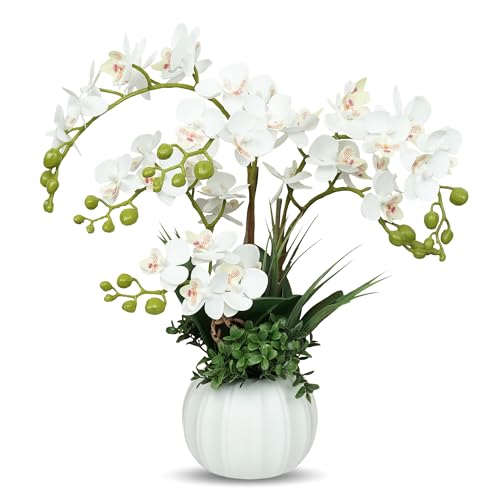 Künstliche Orchideen wie Echt, Orchideen Künstlich mit Topf Kunstblumen im Topf Plastik Pflanzen für Wohnzimmer Schlafzimmer Büro Garten Deko (weiß)