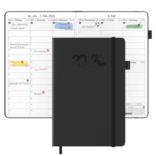 JAYSOO® Terminplaner 2026 Wochenplaner 21x14.5cm Tageplan und Stundenplan, 12 Monate Terminplaner Hardcover (Jan.-Dez.2026) für Arbeit, Lernen und Familienplan - Schwarz