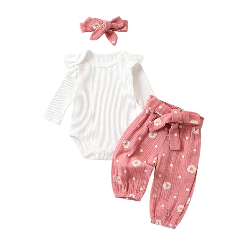 Geagodelia Baby Mädchen Kleidung Babykleidung Outfit Set Langarm Body Strampler + Gänseblümchen Hose + Stirnband Neugeborene Weiche Babyset (Pink A, 0-3 Monate)