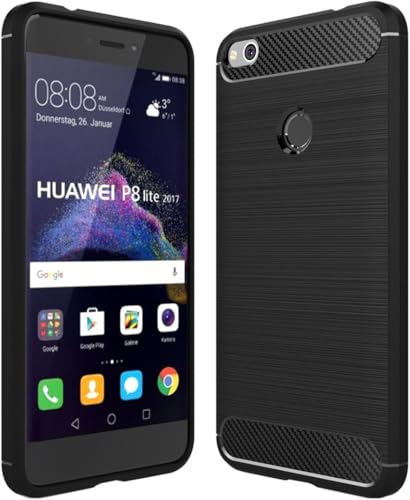 Schutzhülle kompatibel mit HUAWEI P8 LITE 2017 / PRA-LA1; PRA-LX2; PRA-LX1; PRA-LX3 (5.2) Schutzhülle Flexibler Schutz Carbon Gel Silikon TPU Weich Matte Soft Slim Case (Schwarz)