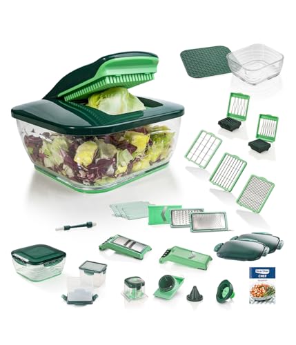 Genius Nicer Dicer Chef 34-in-1 Multifunktions-Profi-Gemüseschneider mit Glasschale und Tomatenschneider | Teigwaren, Scheiben, Streifen, Spiralen, Julienne